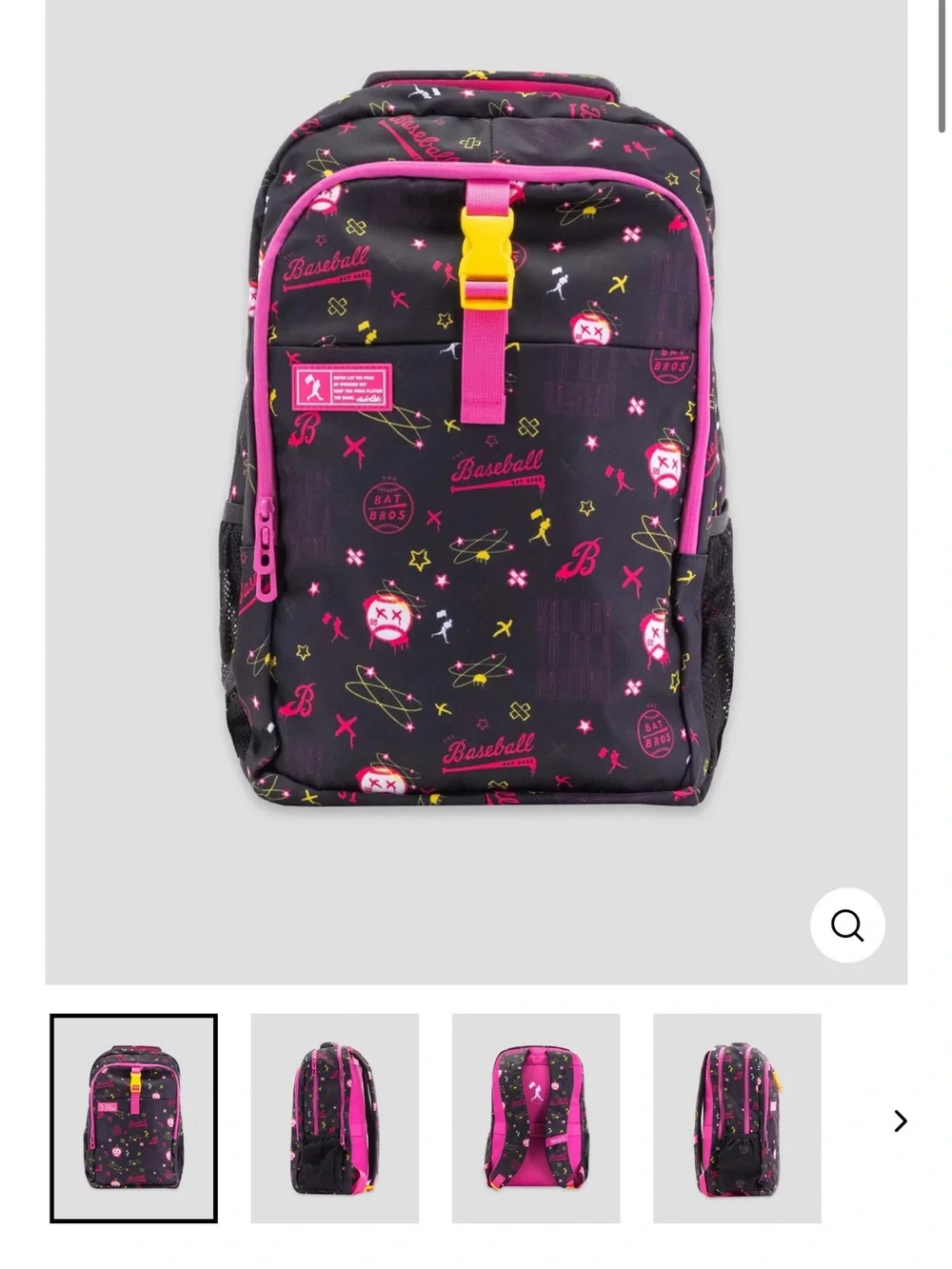 Baseballism bat bros Patterned Black and Pink Backpack with Yellow Accent